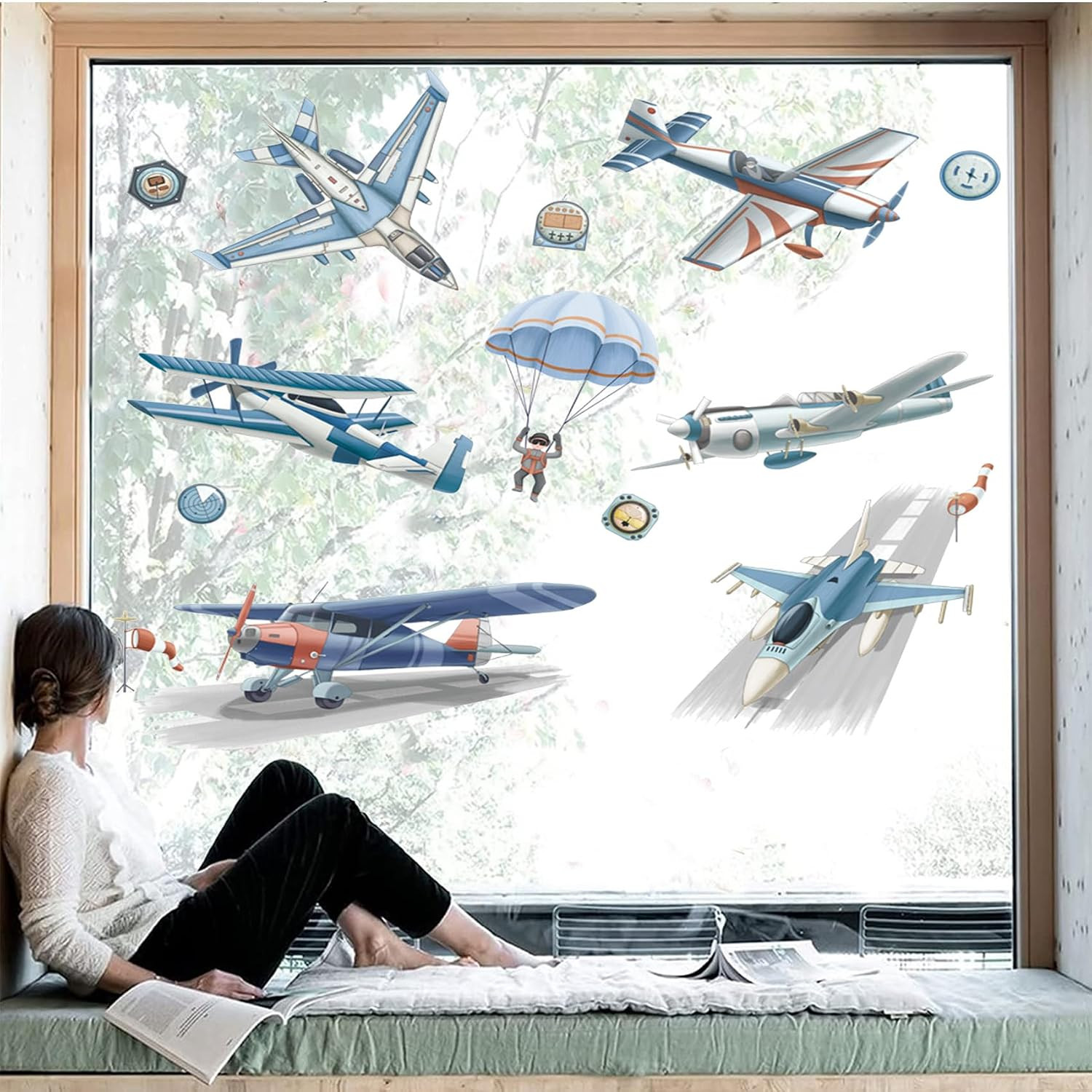 Cartoon Airplane Wall Decals, Fighter Jets & Parachute Wall Stickers for Kids Pl