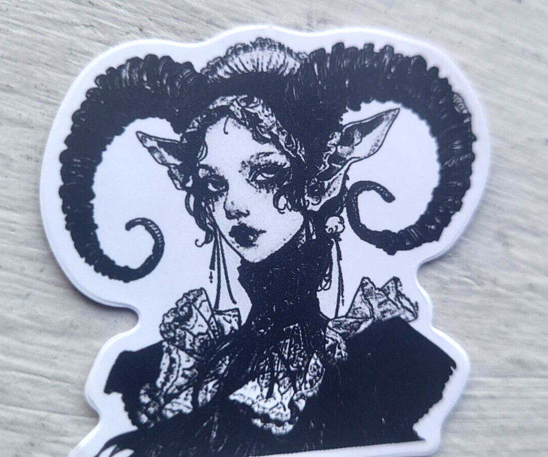 Haunted Doll Active Spirit Horror Demon Girl Horns Death Sticker White Black 1pc