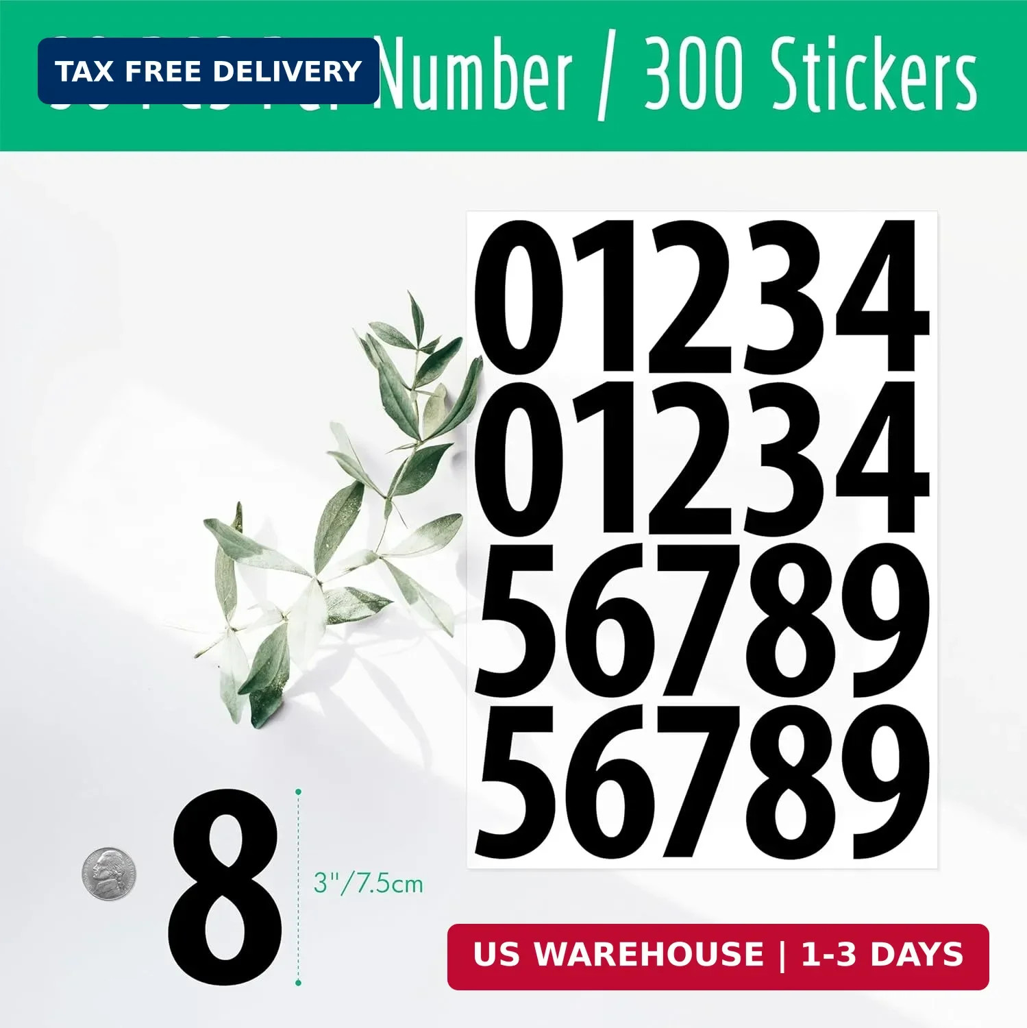 300PCS 3" Large Number Stickers Waterproof Vinyl Number Labels 0-9 Sheets Black