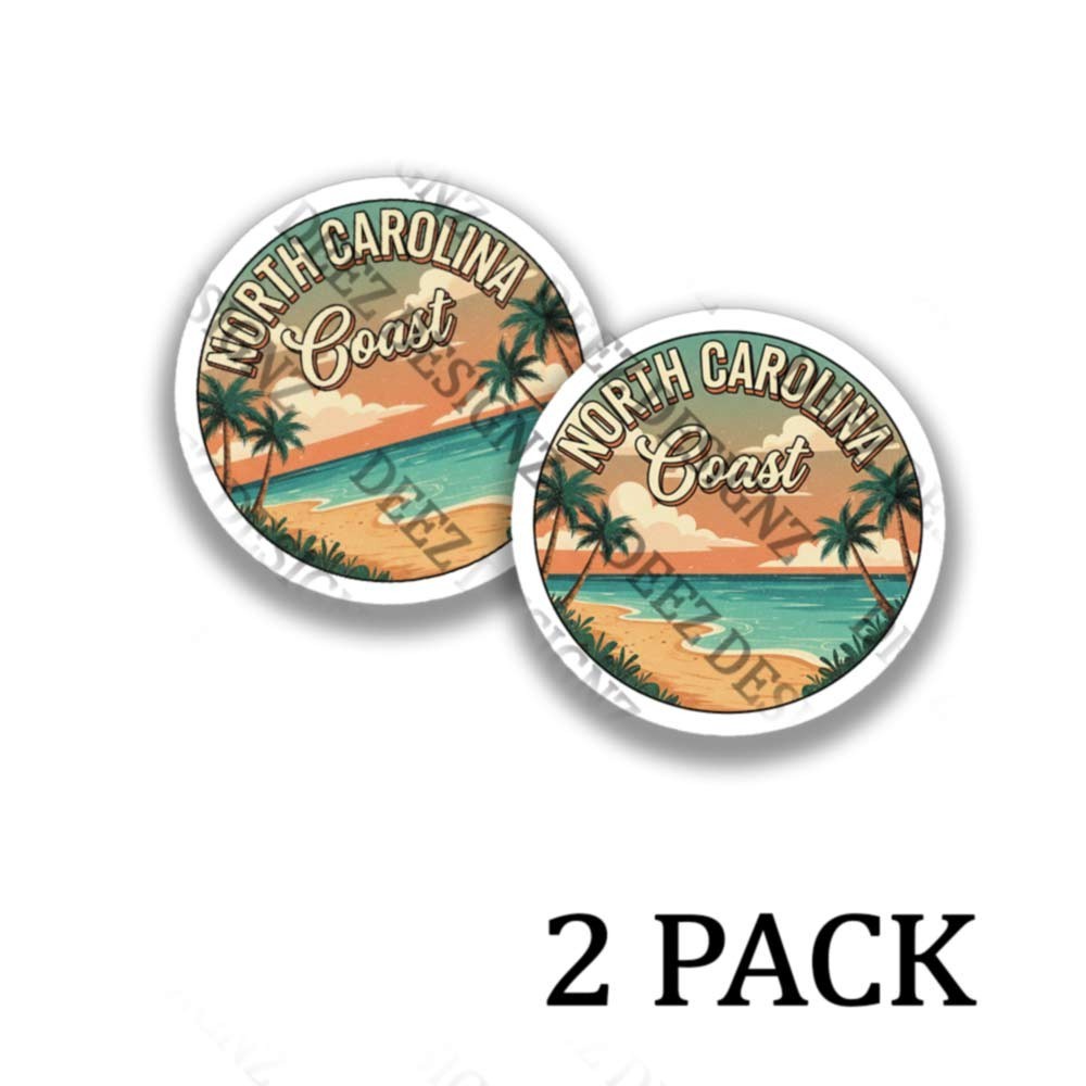 North Carolina Coast Sunset – Retro Round Adhesive Vinyl Stickers – 2 pack set