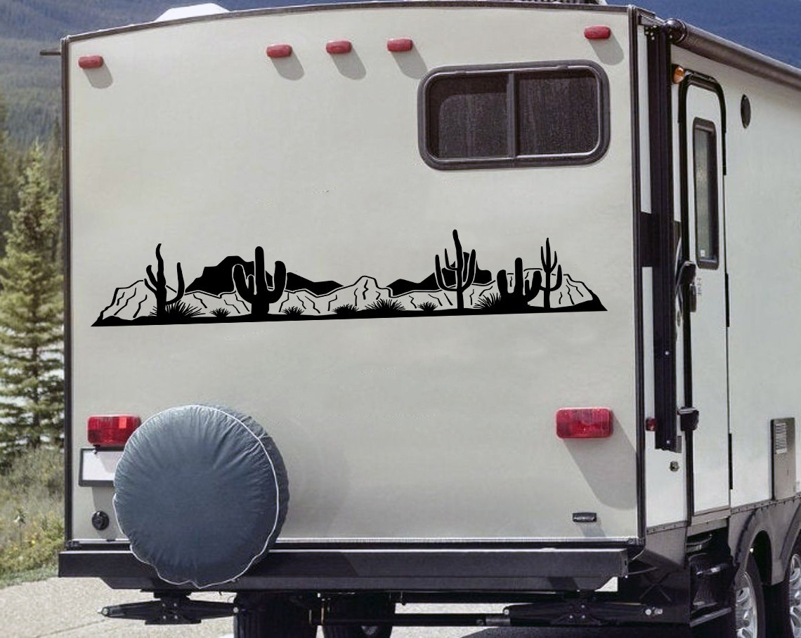 Desert Cactus Mountain V14 Vinyl Decal Camper RV Trailer Truck Travel Sticker