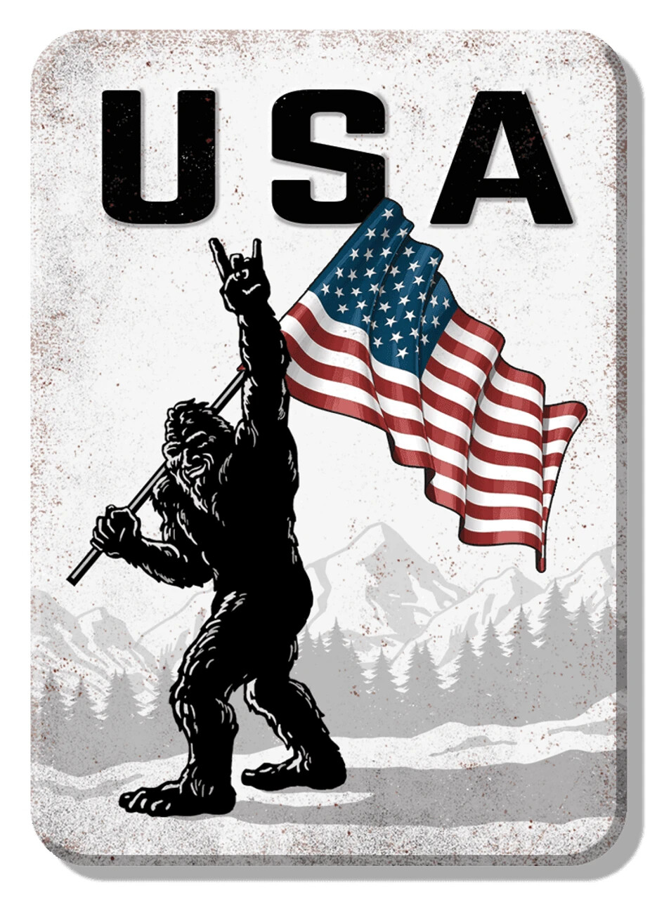 Sasquatch with American Flag – USA – Refrigerator / Toolbox Magnet