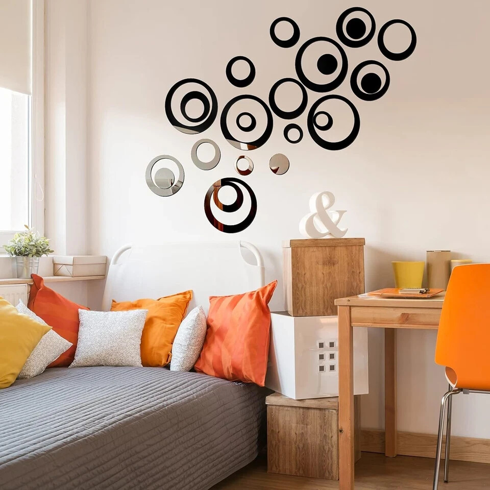 72 Pieces Acrylic Circle Mirror Wall Sticker Round Silver, Black and Gold
