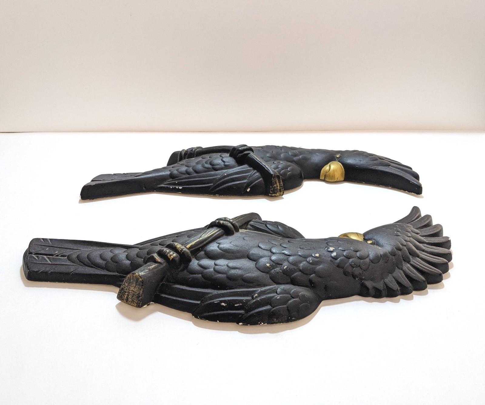 Vtg 1957 Miller Studio Chalkware Cockatoo Wall Plaques Pair Black Gold MCM Birds