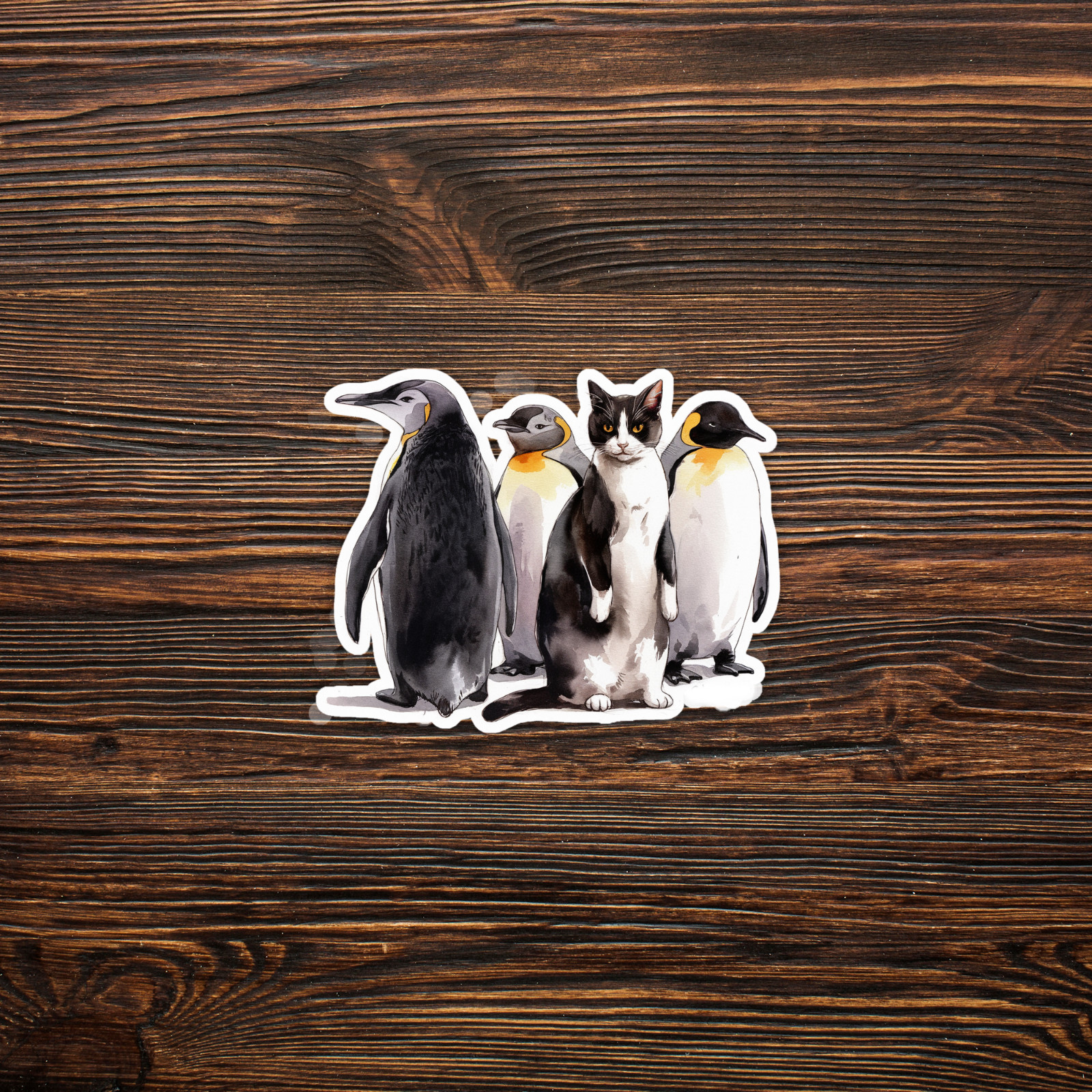 Watercolor Penguin and Cat Sticker – Unusual Animal Friends Illustration Art #38