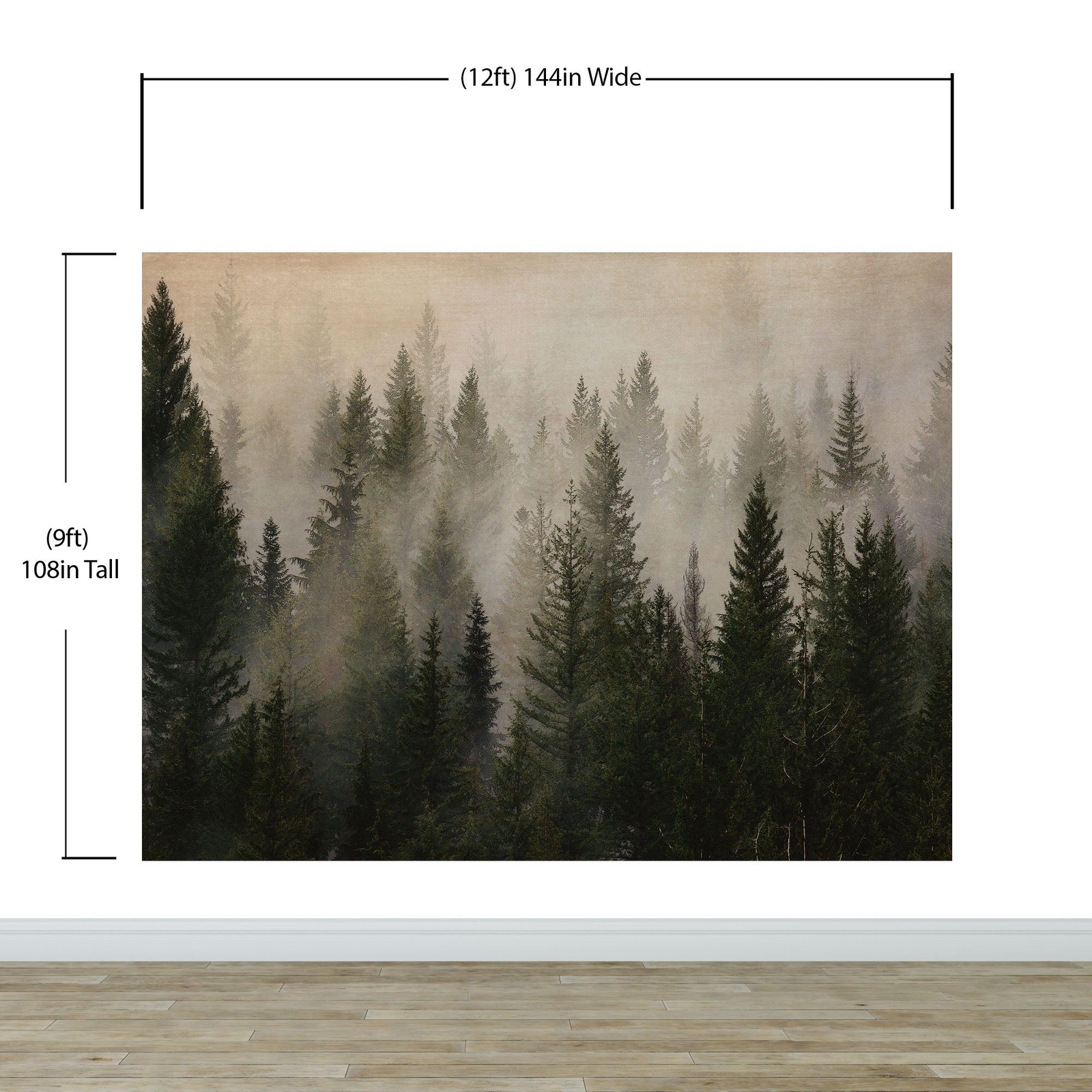 Misty Pine Tree Forest Landscape Wallpaper. Peel and Stick Wall Mural. Self Adhe