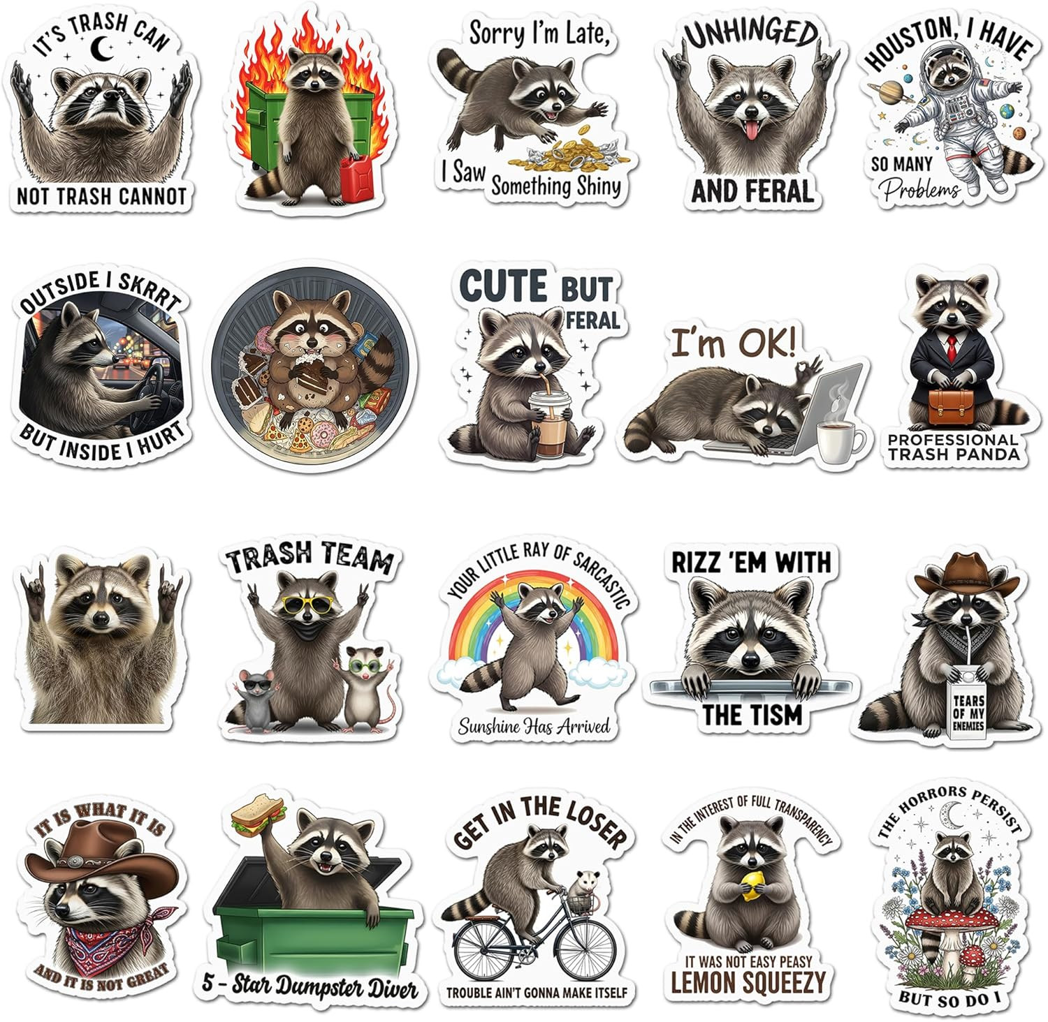 20 PCS Funny Raccoon Stickers Pack Trash Panda Meme Sarcastic Quotes Waterproof
