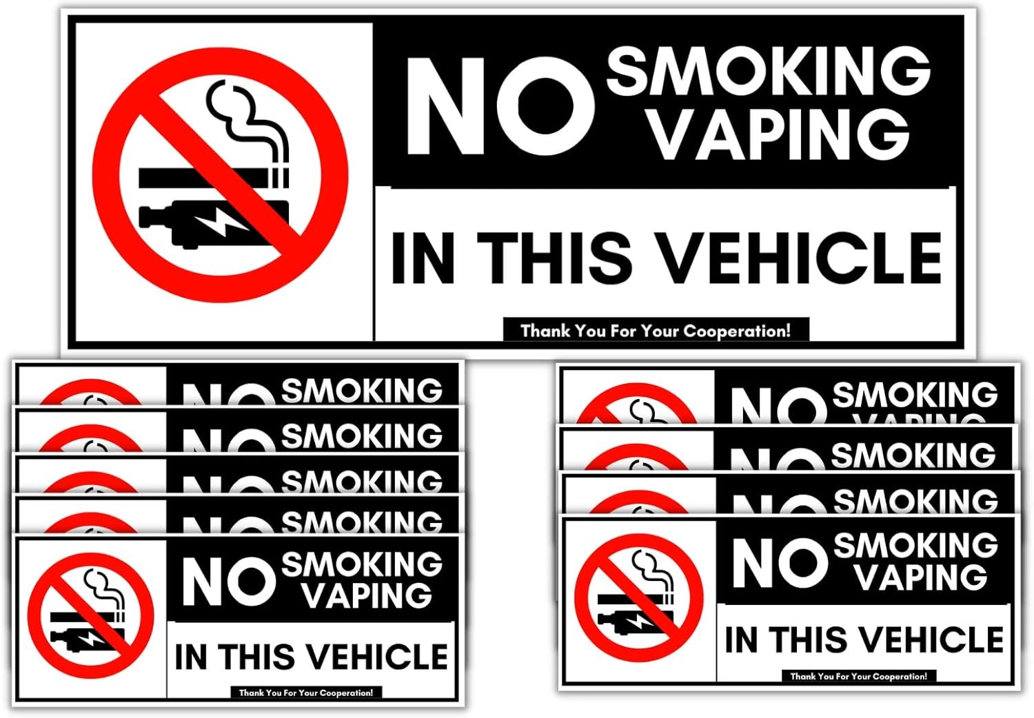 No Smoking for Vehicles Vinyl Sticker 10 Pack Set 2×5, White, Black, Red