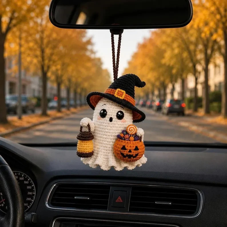 Halloween Crochet Ghost Car Charm Handmade Rearview Mirror Hanging Gift