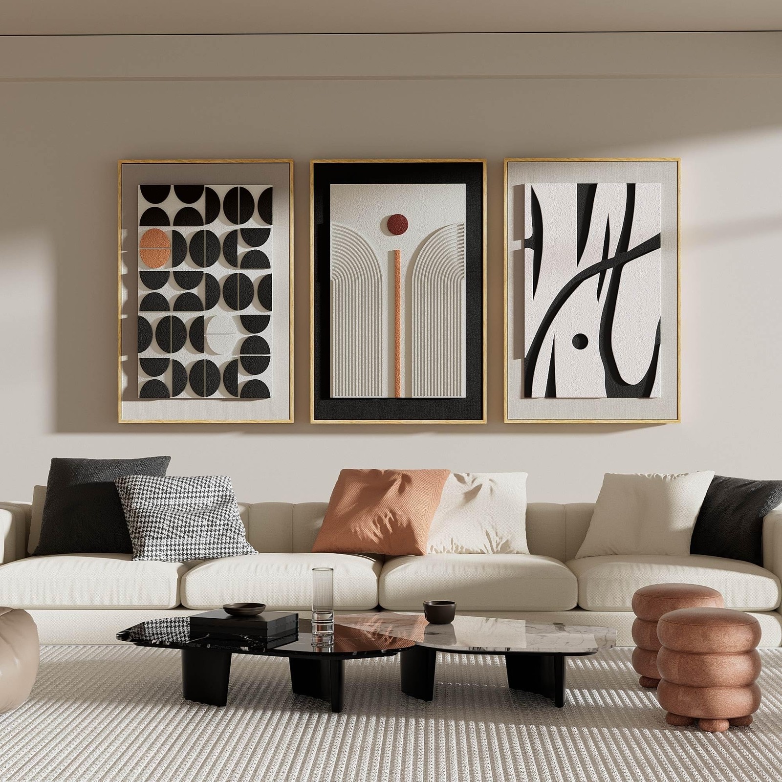 Large 3D Textured Framed Abstract Wall Art for Living Room, 3 Piece Modern Bo…