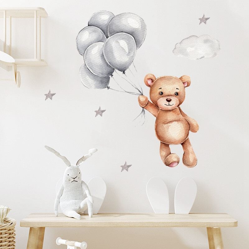 Adesivo murale sticker da muro cameretta bambini neonato ORSETTO CON PALLONCINI