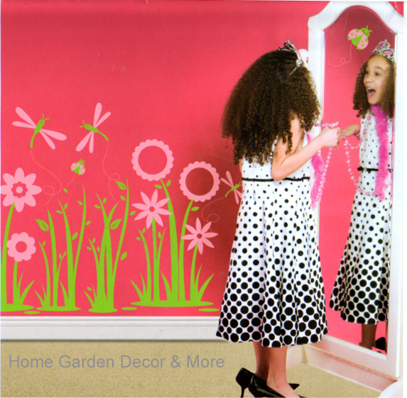 Pink Daisy Flower Dragonfly Ladybug Girl Wall Decal Applique Art Sticker Mural