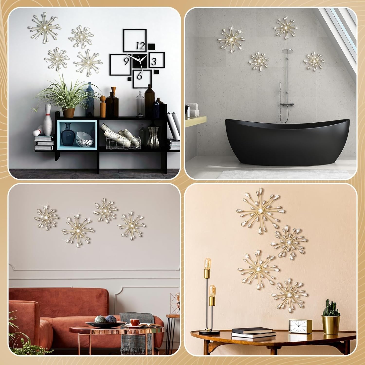 Elegant 3D Hanging Gold Starburst Wall Art – 4 Pieces for Stunning Décor