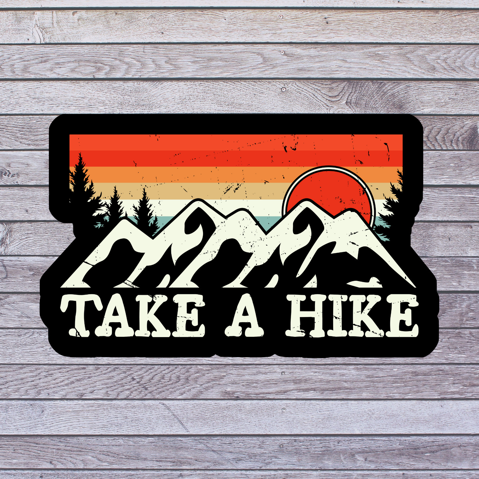 Hiking Sticker Vinyl Decal Take A Hike Retro Mountain Sunset Outdoors