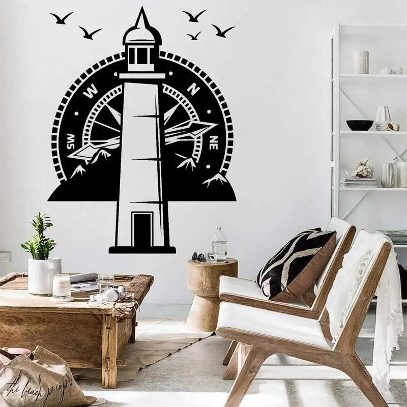 Lighthouse Compass Nautical Travel Wall Decal Beach Style Mountain Bird Compass