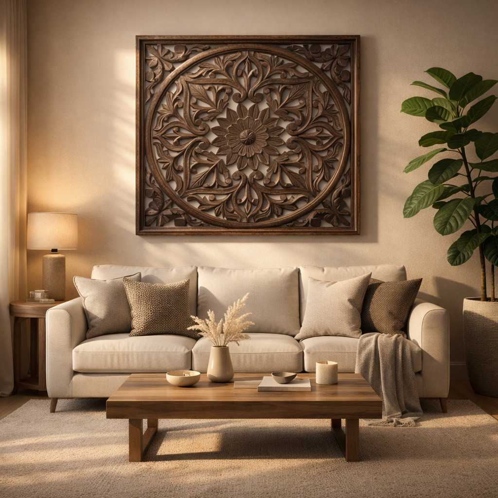 Carved Wood Wall Decor Panel 61cm – Large Rustic Floral Mandala Art