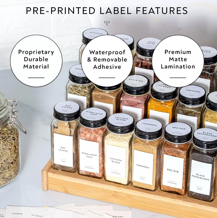 459 Minimalist Spice Jar Label Set, Black Text on White Vinyl Waterproof Labels