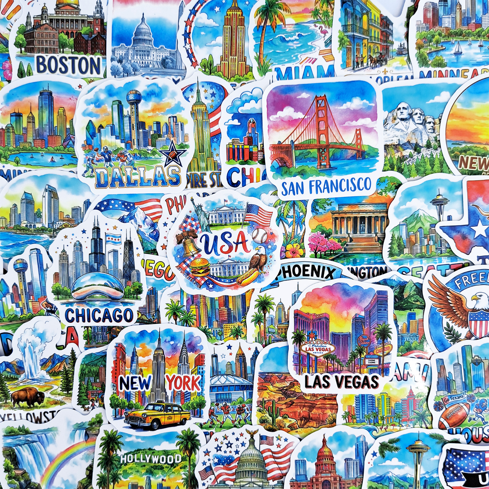 50 PCS USA Travel Sticker Pack American Landmarks Famous Places Journal