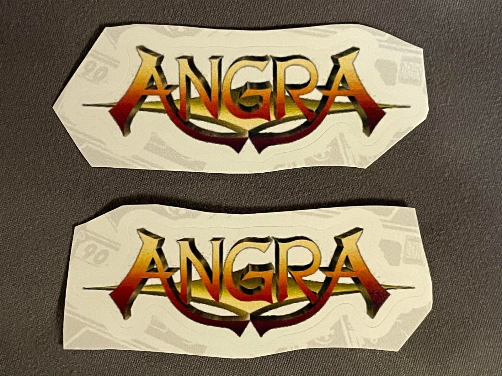 Lot (2) ANGRA 1" x 2 1/2" Band STICKERS Red Yellow FAST! FREE SHIP!