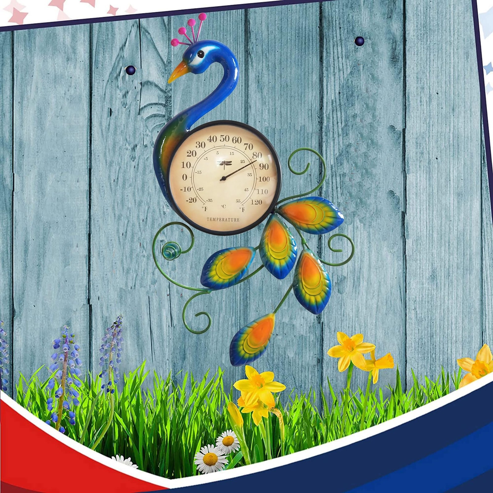 Metal Peacock Thermometer Indoor Outdoor Wall Art Decor Plaque Sculpture Hang…
