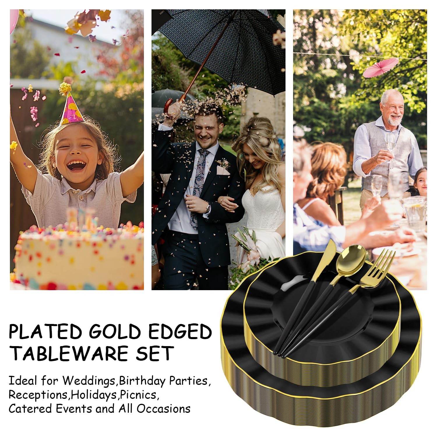 150Pcs Plastic Plates with Gold Rim,Heavy Duty Black Plates for 30 Guests,Pla…