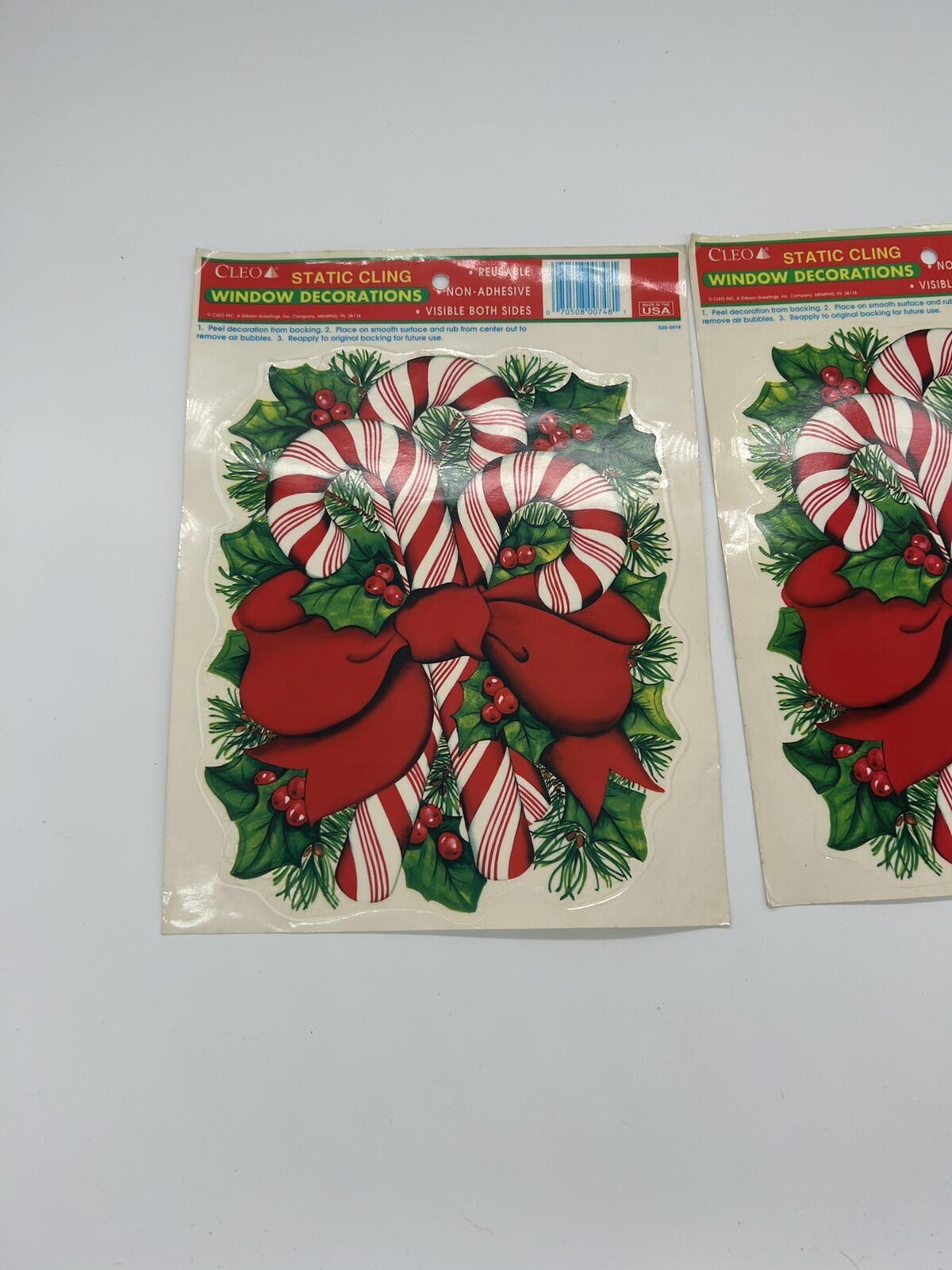 2 Vintage Cleo Christmas Static Window Clings Candy Canes Holly Berries Made USA