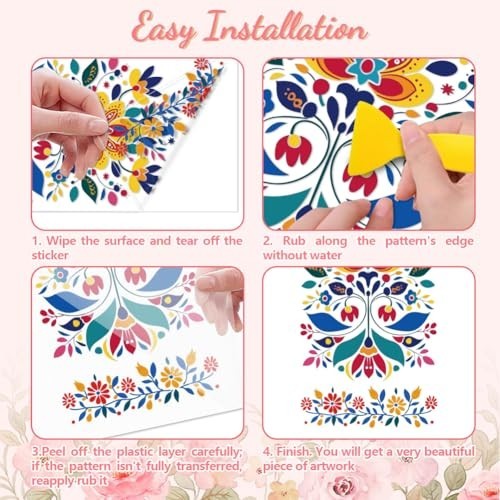 Mexican Folk Art Flowers Rub on Transfer Decal Stickers for Furniture Craft 3Pcs
