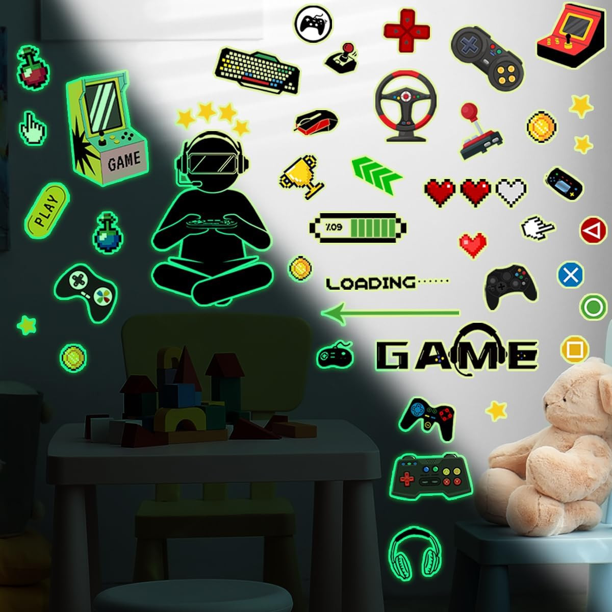 Gamer Glow in the Dark Wall Decals Video Game Wall Stickers for Boys Room Kids P