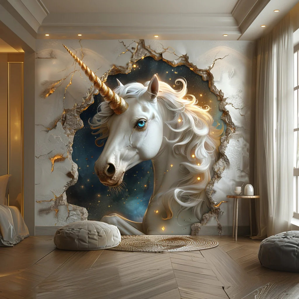 3D Fantasy Unicorn Wall Decal Sticker – Enchanted Unicorn Breaking Through Wall