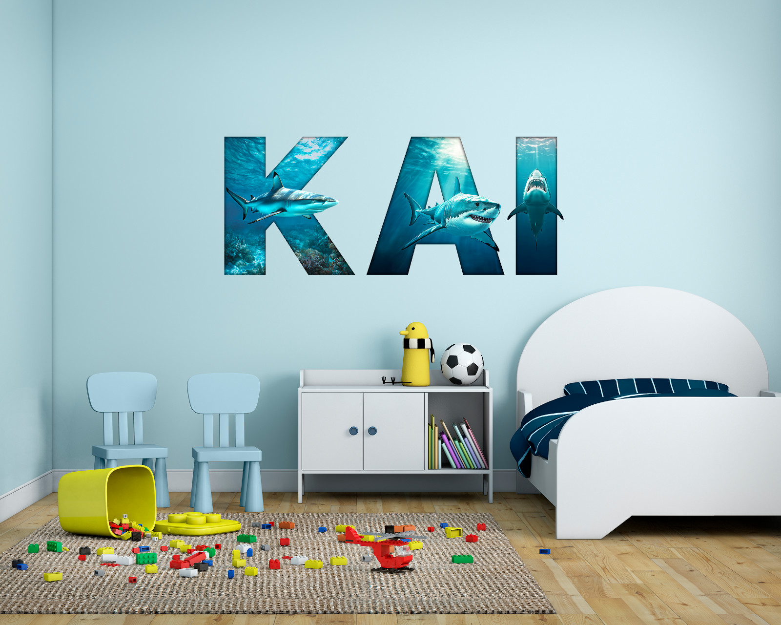 Custom Shark Name Wall Decal Sticker for Kids Bed Room, Boys Great White Decor
