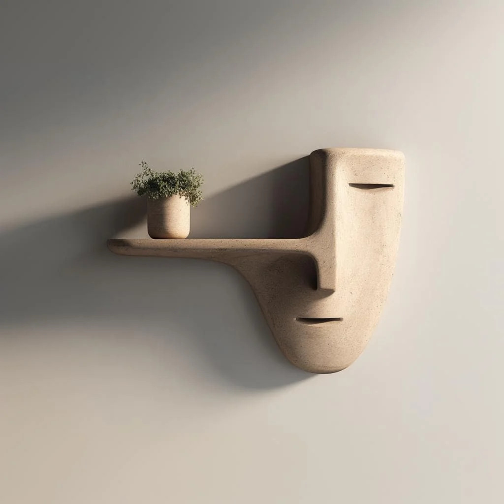 Modern Face Wall Shelf | 3D Printed Surreal Mask Sculpture with Floating Ledge