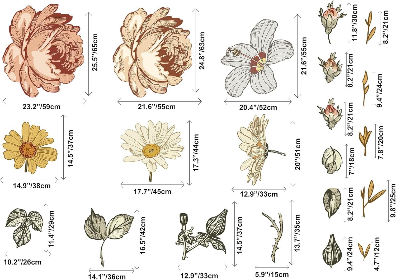 Kids Floral Wall Decal Soft Vintage Peony Flower Wall Sticker