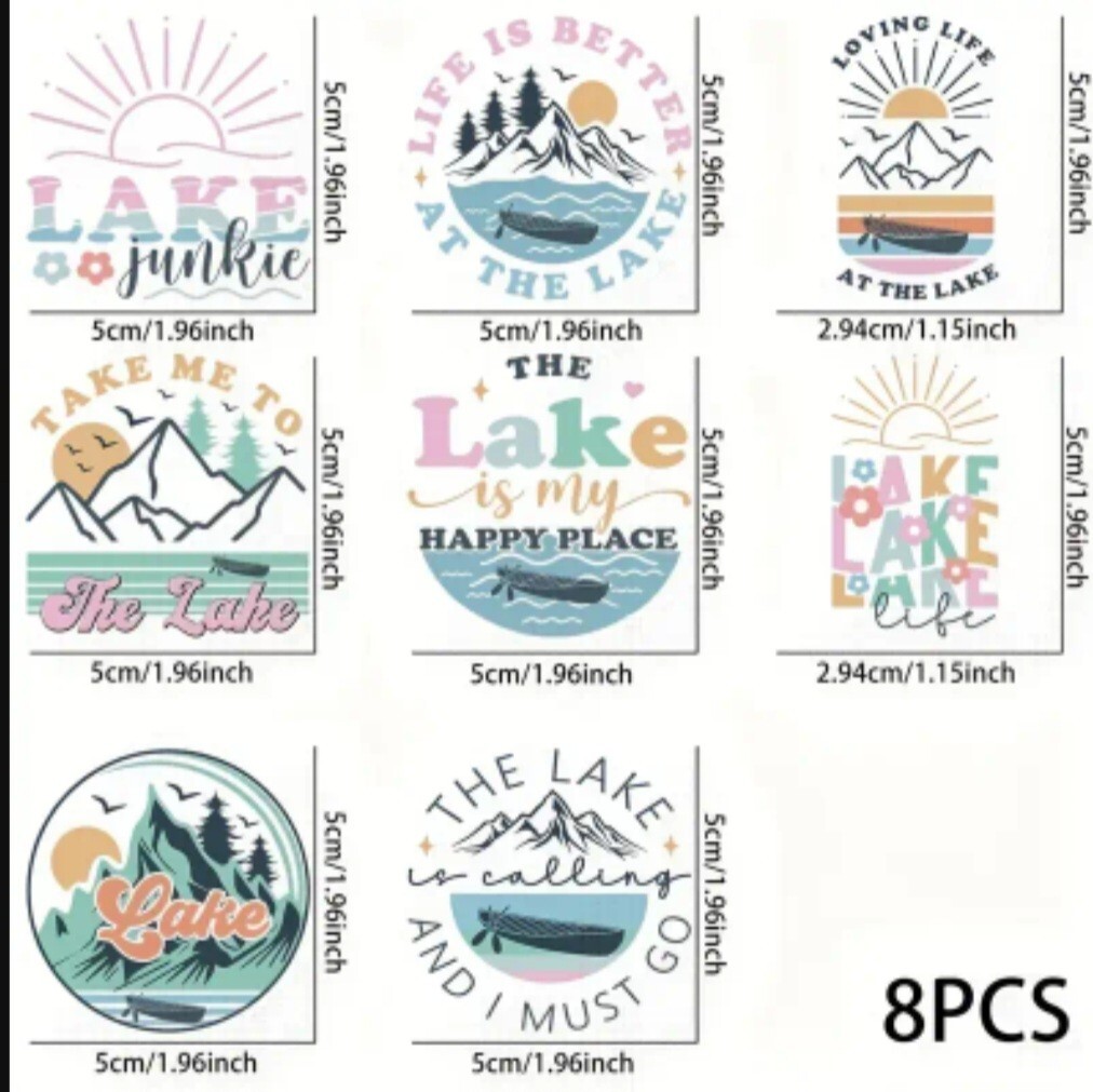 UV DTF Lake Life Is Better Transfer Sticker Set 8 Decals Appx 2 x 2 Inches