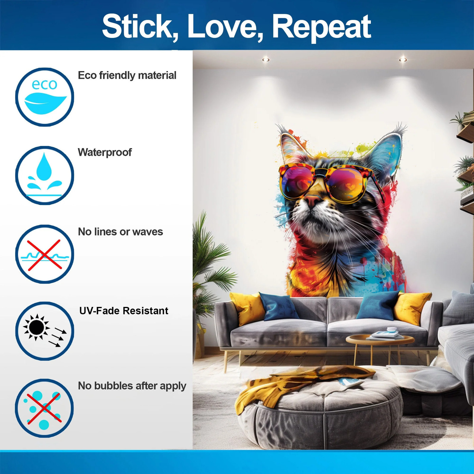 Colorful Maine Coon Cat Wall Sticker with Sunglasses – Modern Kittent Art Decal