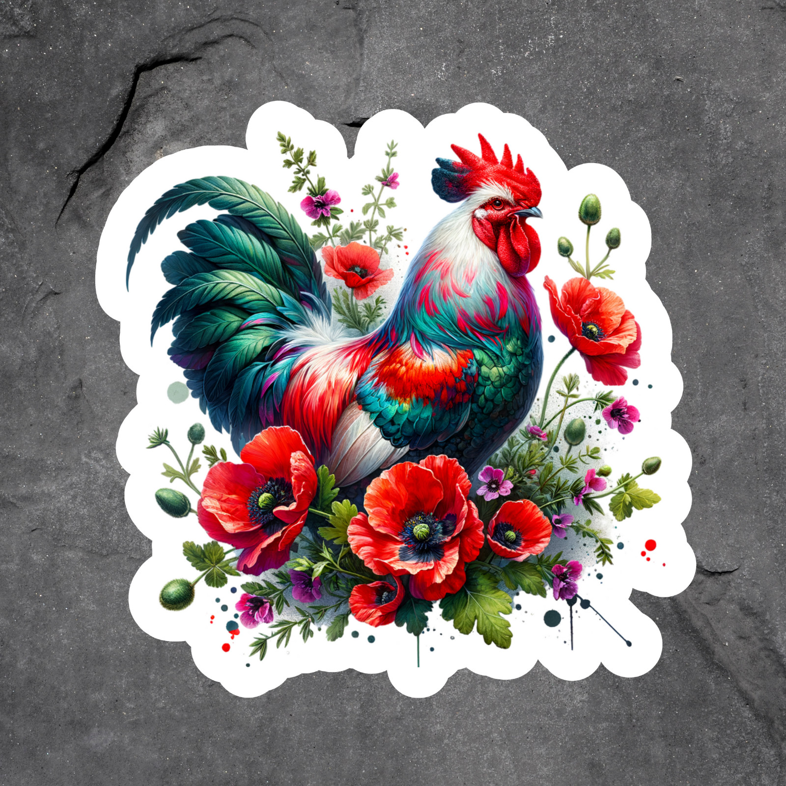 Rooster Sticker Vinyl Decal Colorful Floral Pop Art Farm Chicken