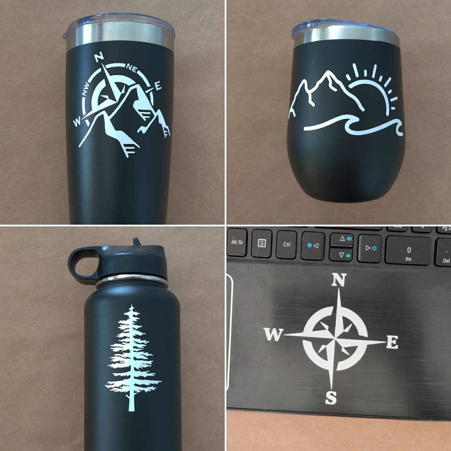 Mountain Decal 4 Pack: Compass, Sun Waves, Pine Tree, Small 3.5" White
