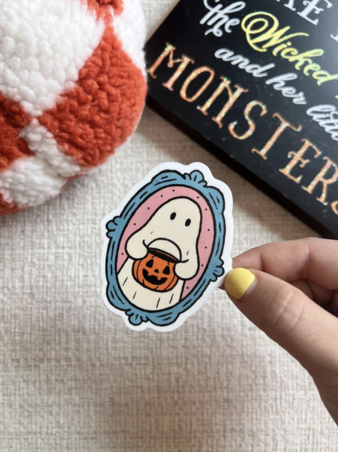 Ghost Trick‑or‑Treater Vinyl Sticker – Spooky Picture Frame Halloween Décor