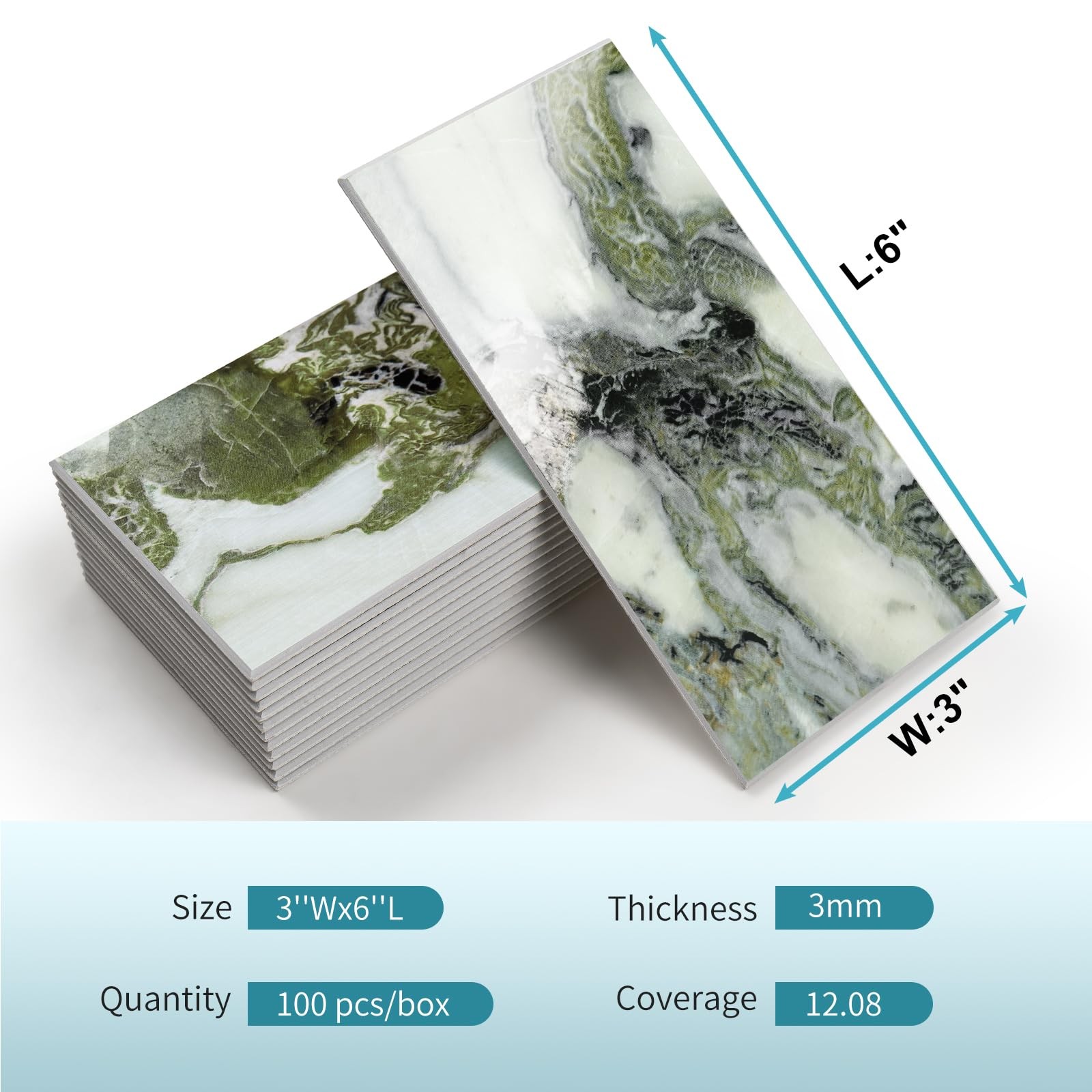 100-Piece Glossy Ice Green Peel and Stick Backsplash Tile,3"x6" PVC Subway …