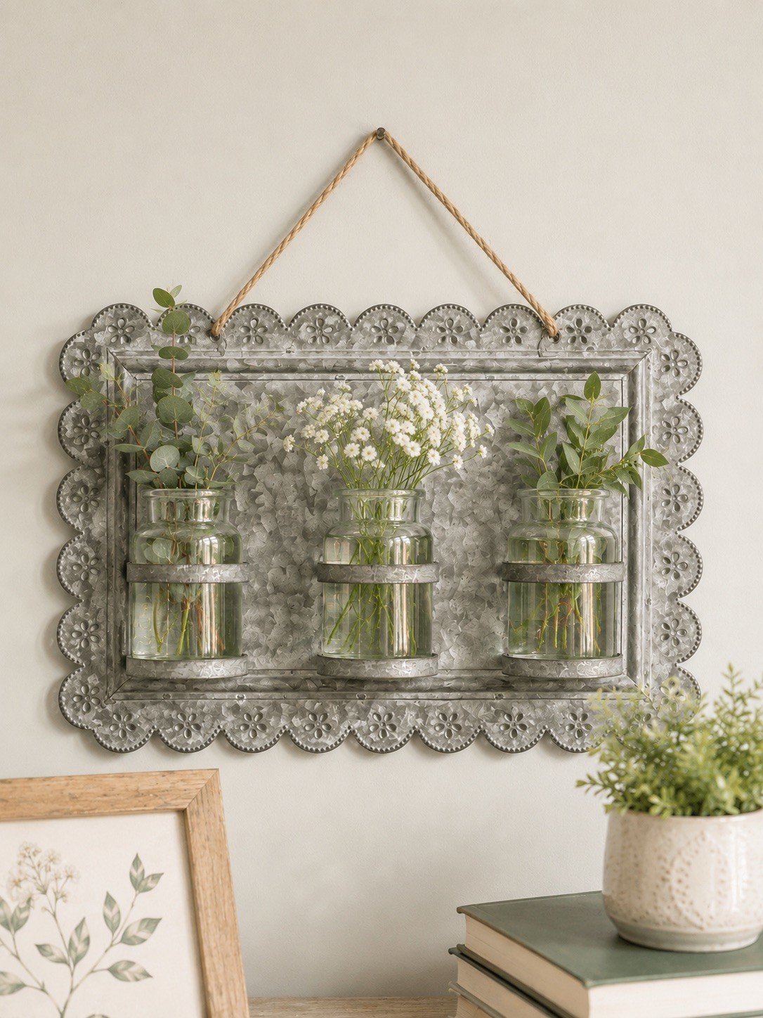 Rustic Galvanized Metal Wall Vase Hanging Farmhouse Floral Decor w/ 3 Glass Jars