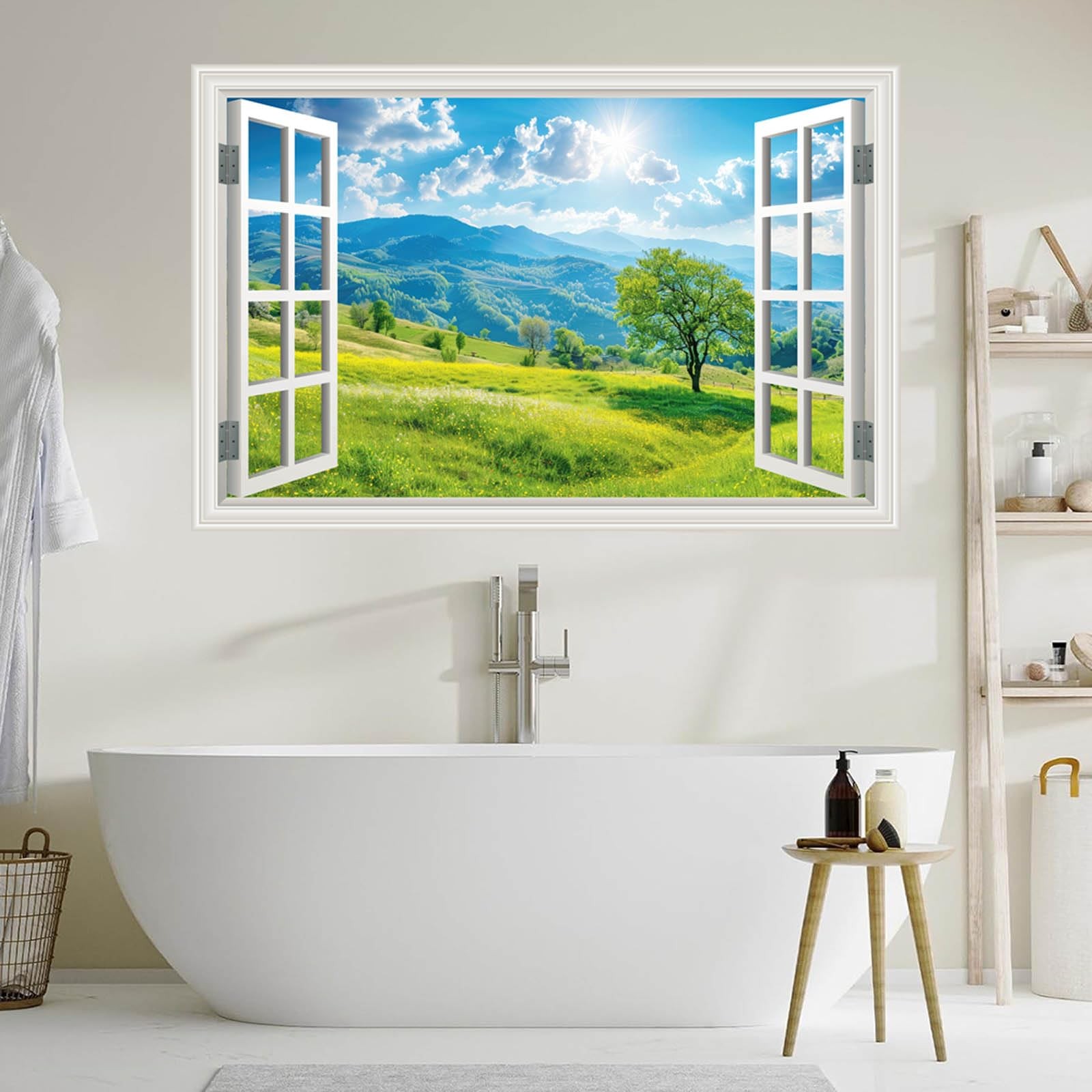 Fake Window Wall Sticker Summer Mountain Grassland Green Forest Tree Faux Win…