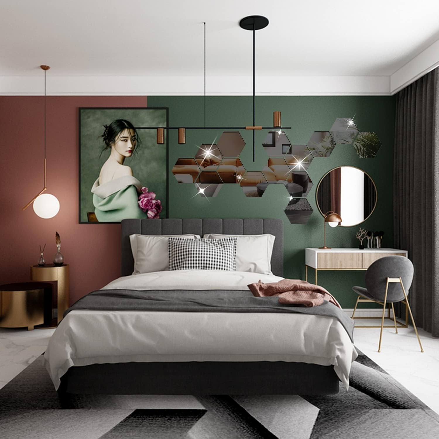 24Pcs Large Hexagonal Mirror Wall Stickers Boho Living Room Background Wall Art