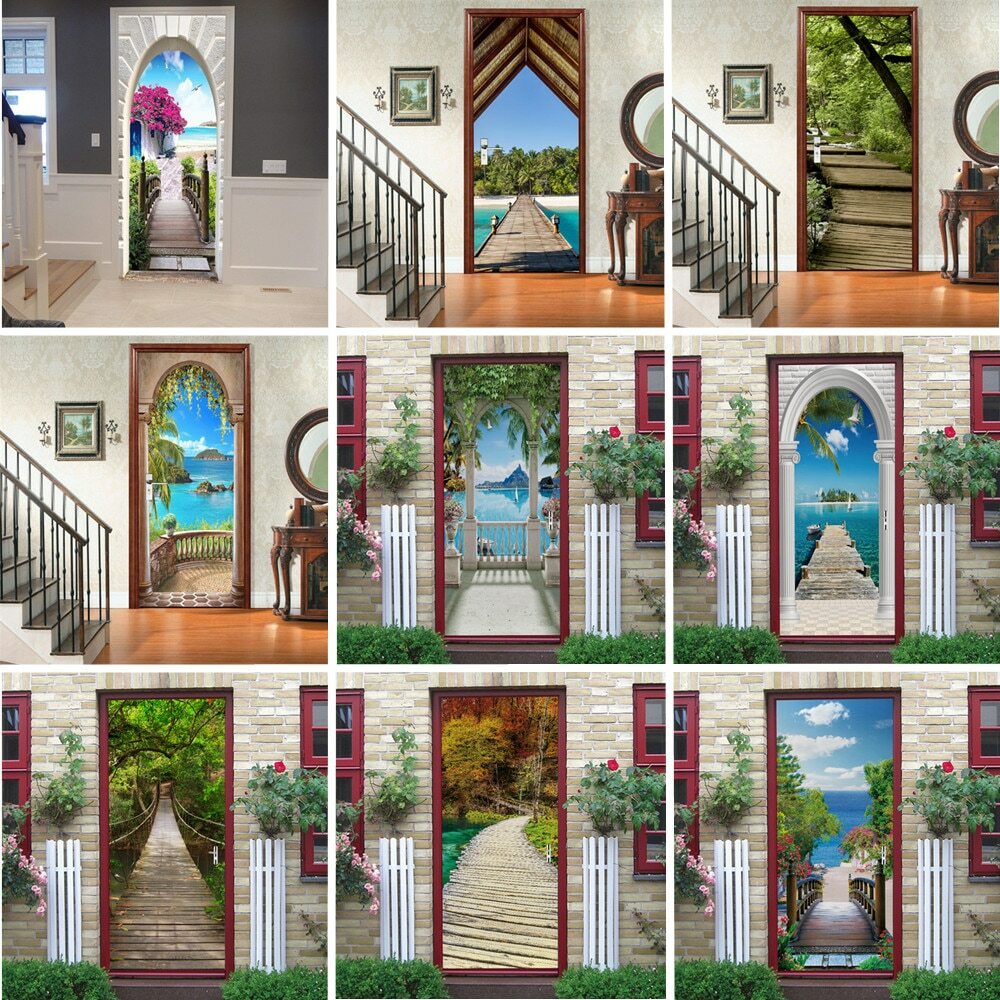 3D Door Sticker Wallpaper Self-Adhesive Door Mural Removable Vinyl Home Decorati