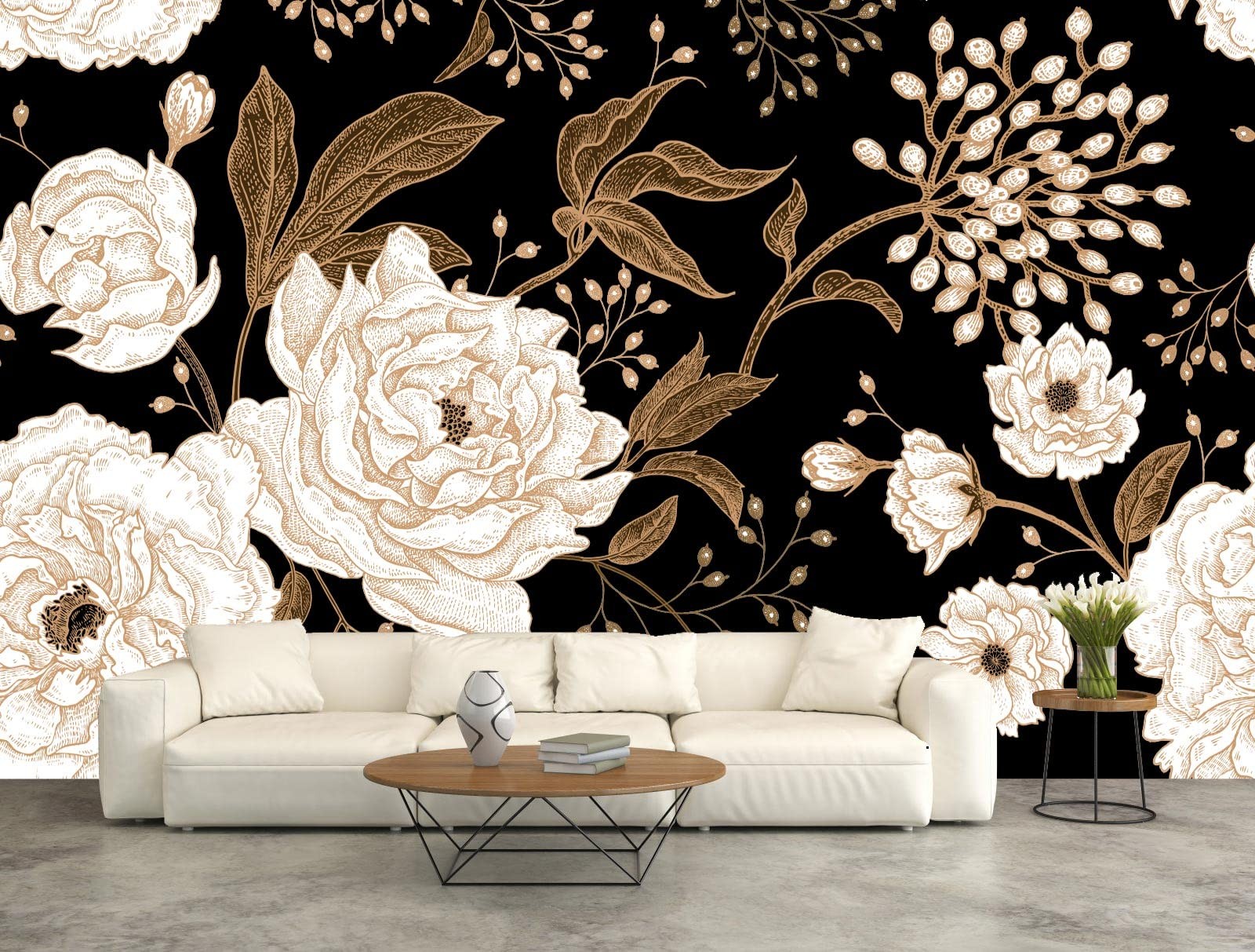 Wall Mural Peonies and Roses Floral Vintage Wallpaper Seamless Gold White Flo…
