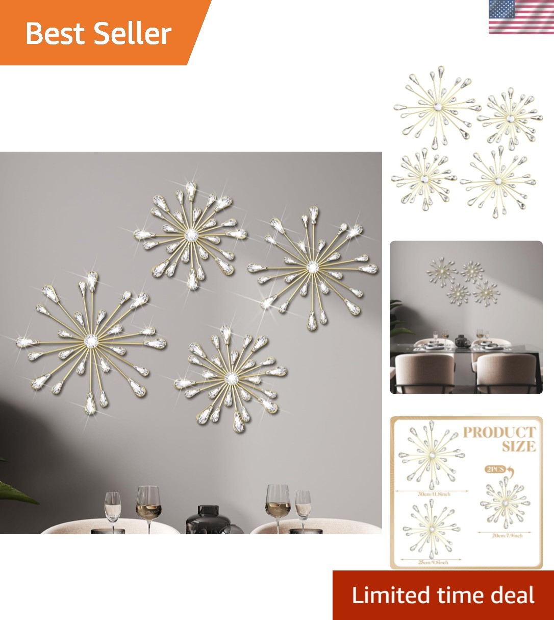 Elegant 3D Hanging Gold Starburst Wall Art – 4 Pieces for Stunning Décor
