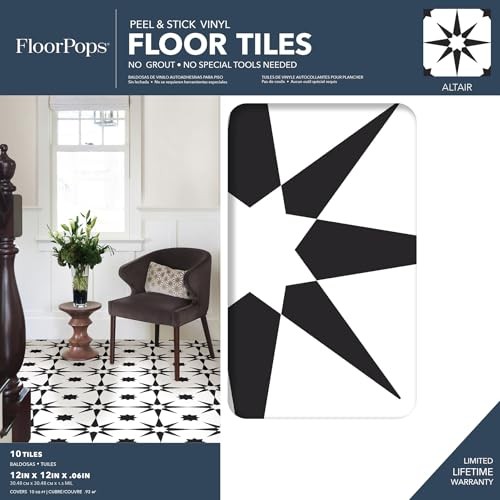 FloorPops FP2948 Altair Peel & Stick Floor Tiles, 12"L x 12"W x 0.06"T, Black