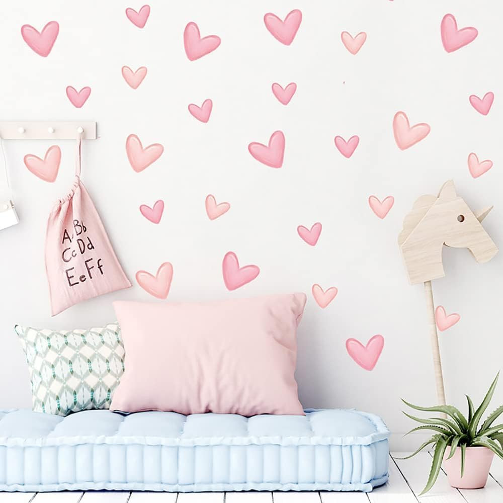 80 Pieces Pink Heart Shape Wall Stickers for Bedroom, PVC, Girls Room Decor, Kid