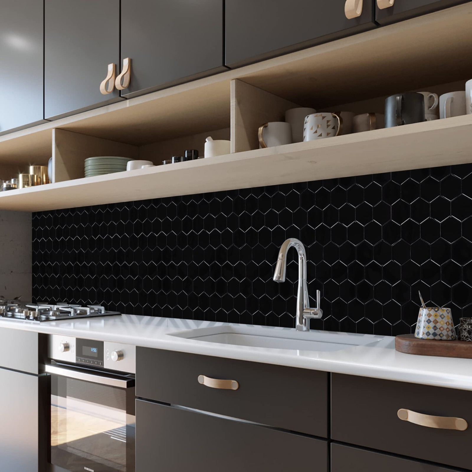 Black Hexagon Tile Peel and Stick Backsplash, 12"x12" -Adhesive 3D Stick on W…