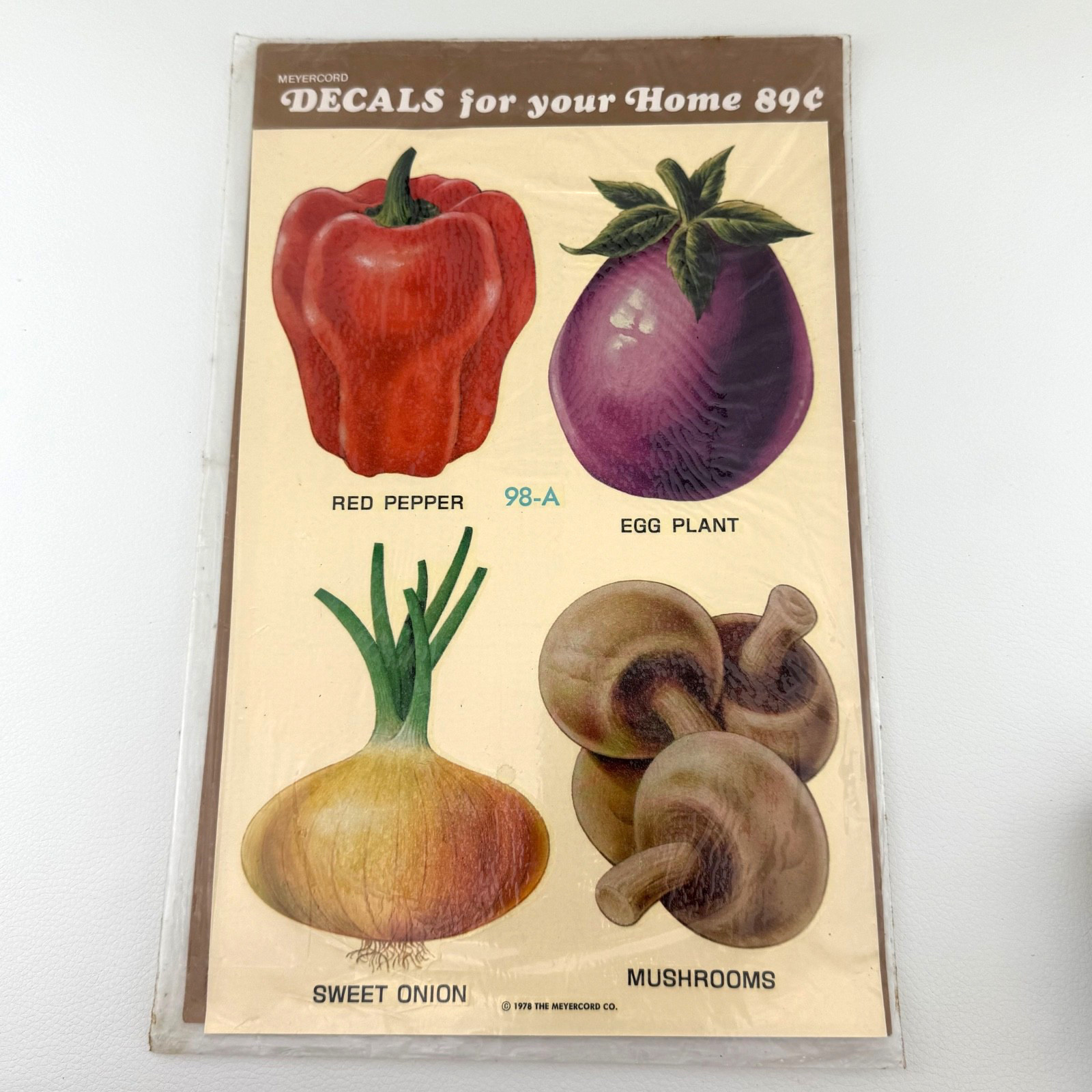 1978 Vtg Large 5" Craft Decals Mushroom Eggplant Pepper Onion Meyercord 98-A NOS