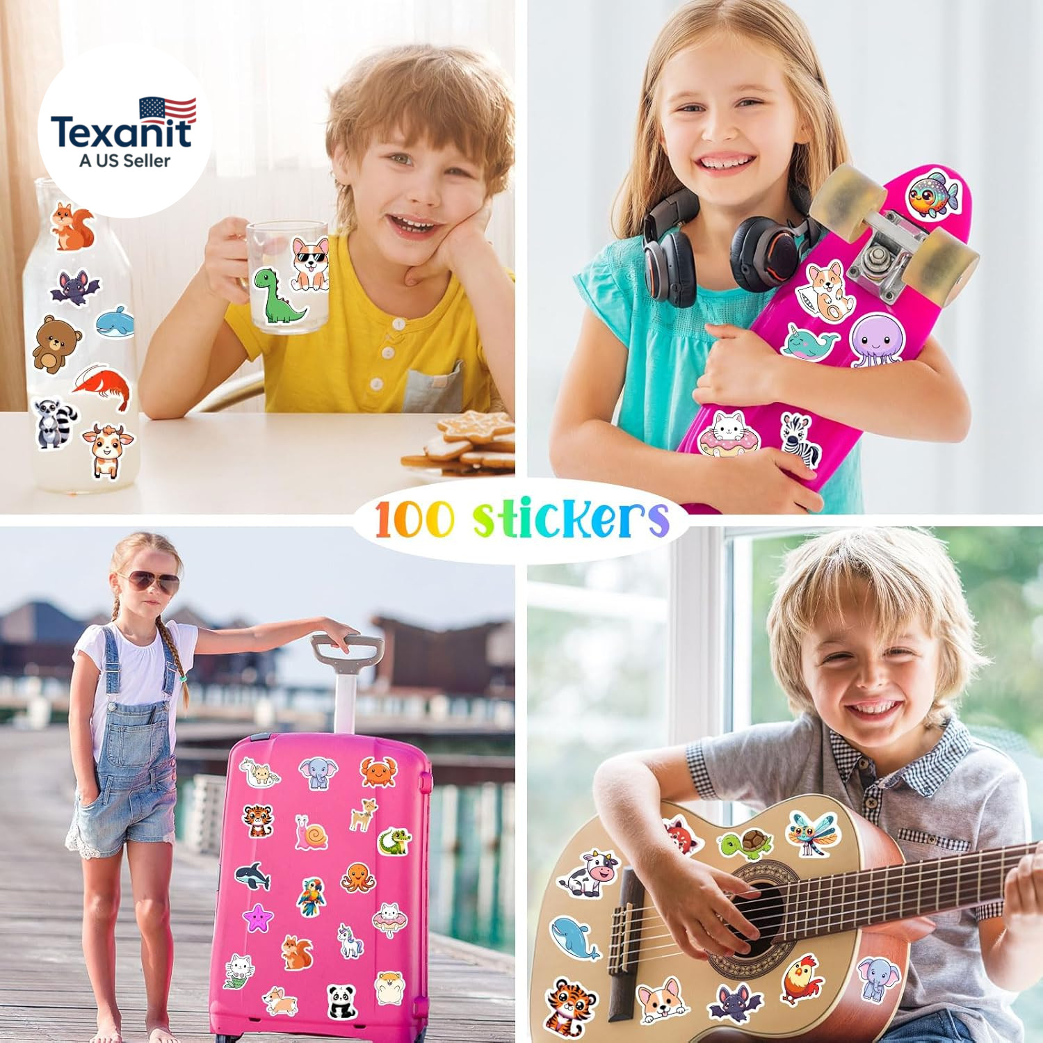 100 PCS Water Bottle Stickers for Kids,Waterproof Vinyl Animal Stickers for Kids