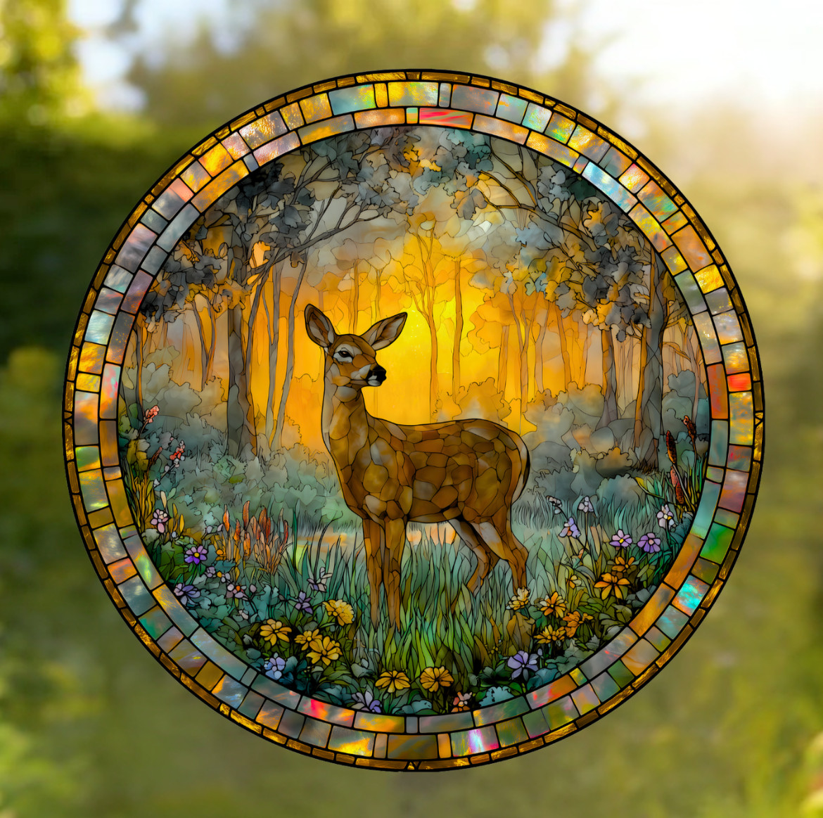 Deer Faux Stained-Glass WINDOW CLING Size 8" Round, Repositionable Vinyl